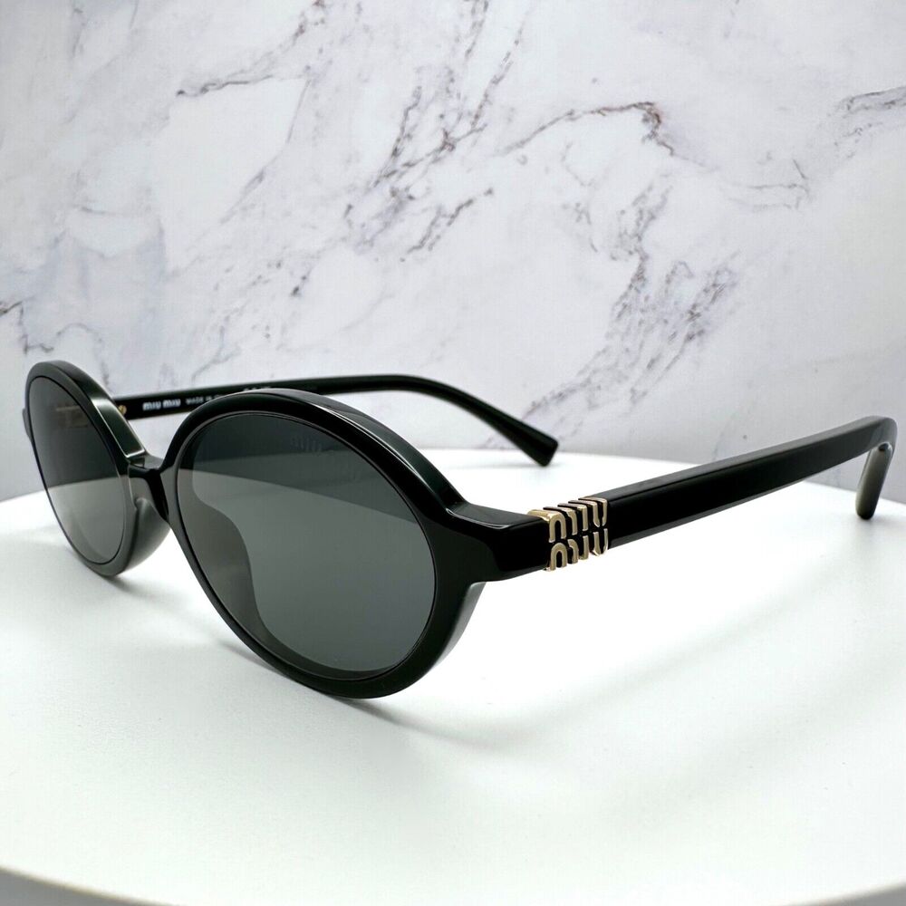 New MIU MIU Sunglasses Black Acetate Slim Round Gold Metal Logo Authentic Women - Picture 16 of 16